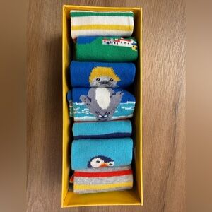 NIB. Mini Boden Kids’ 7-Pack Sorted Socks, Blue Sea Life Friends, Sz US 7.5-8.5